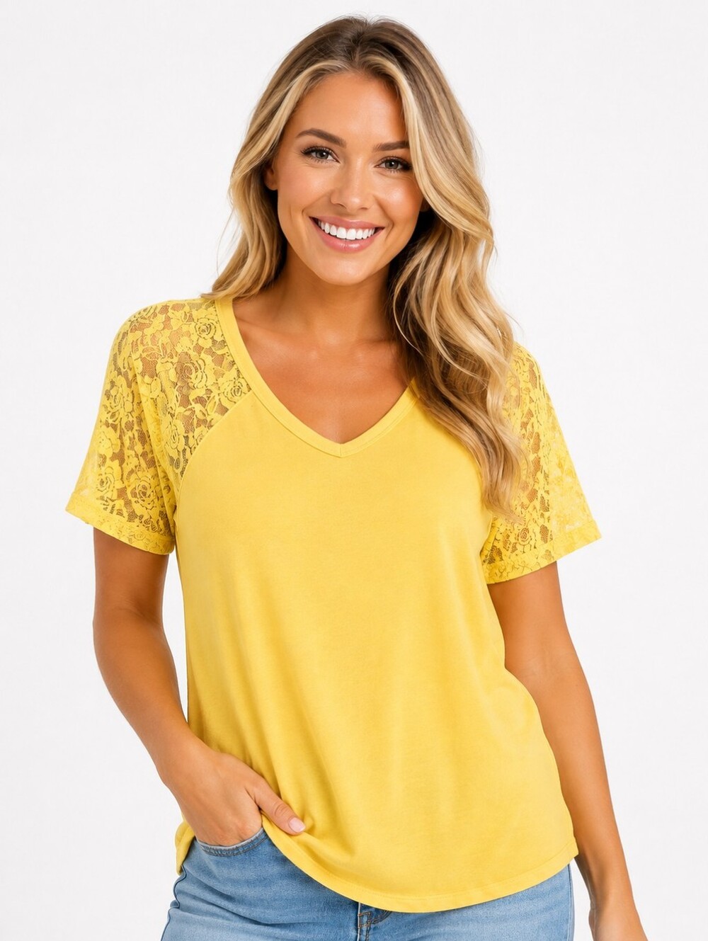 Zenana Vibrant Yellow High Low V-Neck Lace Sleeve Tee Women's Size Small